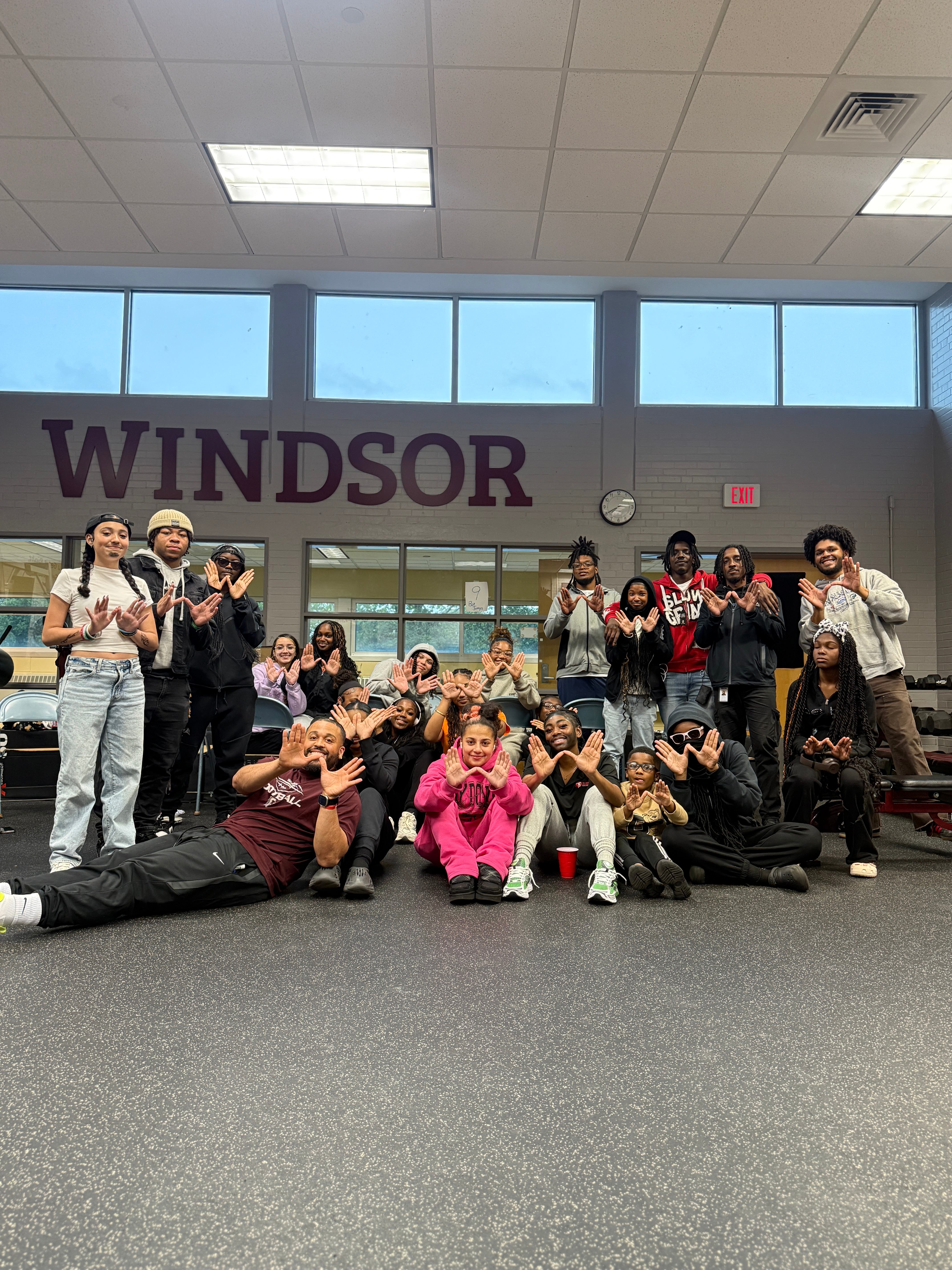 Group photo at Windsor High School with students and mentors